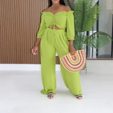 Solid Color Drawstring Top Wide Leg Pant Suit AIL-351