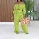 Solid Color Drawstring Top Wide Leg Pant Suit AIL-351