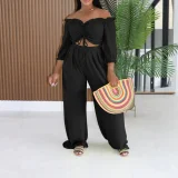 Solid Color Drawstring Top Wide Leg Pant Suit AIL-351