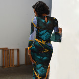 Long Sleeve Hollow Out Print Maxi Dress GJYO-JD305385