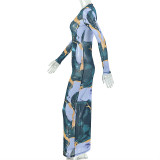 Long Sleeve Hollow Out Print Maxi Dress GJYO-JD305385