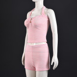 Stripe Contrast Color Halterneck Two Piece Shorts Set GYHF-041656SBG