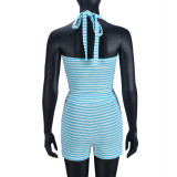 Stripe Contrast Color Halterneck Two Piece Shorts Set GYHF-041656SBG