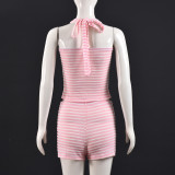 Stripe Contrast Color Halterneck Two Piece Shorts Set GYHF-041656SBG