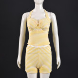 Stripe Contrast Color Halterneck Two Piece Shorts Set GYHF-041656SBG