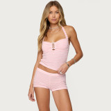 Stripe Contrast Color Halterneck Two Piece Shorts Set GYHF-041656SBG