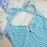 Stripe Contrast Color Halterneck Two Piece Shorts Set GYHF-041656SBG