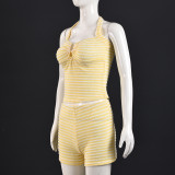 Stripe Contrast Color Halterneck Two Piece Shorts Set GYHF-041656SBG