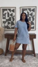 Fashion Denim Loose Short Sleeve Mini Dress GADE-6771