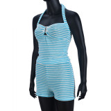 Stripe Contrast Color Halterneck Two Piece Shorts Set GYHF-041656SBG