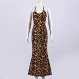 Leopard Print Backless Tie Up Maxi Dress GYHF-32610DBY