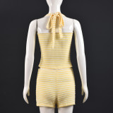 Stripe Contrast Color Halterneck Two Piece Shorts Set GYHF-041656SBG