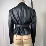 Long Sleeve Tie Up Leather Coat GPBY-CT8221