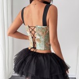 Print Tie Up Fishbone Sling Tank Tops GPBY-VE729
