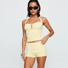 Stripe Contrast Color Halterneck Two Piece Shorts Set GYHF-041656SBG