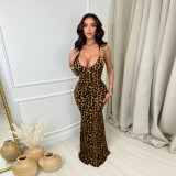 Leopard Print Backless Tie Up Maxi Dress GYHF-32610DBY