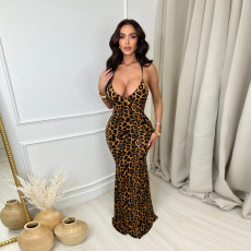Leopard Print Backless Tie Up Maxi Dress GYHF-32610DBY