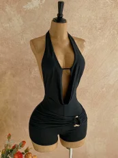 Deep V Neck Backless Solid Romper GZIY-6381