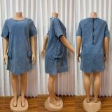 Fashion Denim Loose Short Sleeve Mini Dress GADE-6771