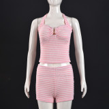 Stripe Contrast Color Halterneck Two Piece Shorts Set GYHF-041656SBG