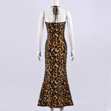 Leopard Print Backless Tie Up Maxi Dress GYHF-32610DBY