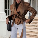 Long Sleeve Tie Up Leather Coat GPBY-CT8221