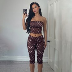 Polka Dots Print Wrap Chest Top Seventh Pants Suit GYME-K6S07163A