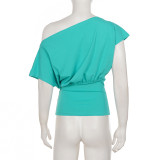 Slash Shoulder Solid Color T Shirt GPKJ-MR49656