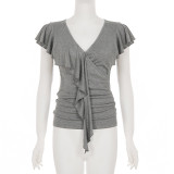 Solid Color V Neck Ruched Top GPKJ-MR49689