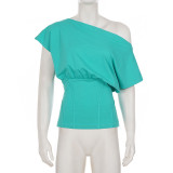 Slash Shoulder Solid Color T Shirt GPKJ-MR49656