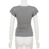 Solid Color V Neck Ruched Top GPKJ-MR49689