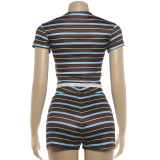 Stripe Lapel Short Sleeve Two Piece Shorts Set GZJQ-K6S09133A