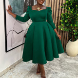 Plus Size Solid Color Square Neck Midi Dress GMLF-3354