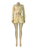 Polka Dot Print Long Sleeve Two Piece Short Set CH-26022