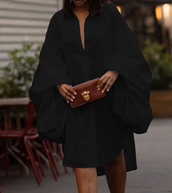 Plus Size Solid Color Long Sleeve Shirt Dress SFY-2811