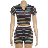 Stripe Lapel Short Sleeve Two Piece Shorts Set GZJQ-K6S09133A