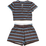 Stripe Lapel Short Sleeve Two Piece Shorts Set GZJQ-K6S09133A