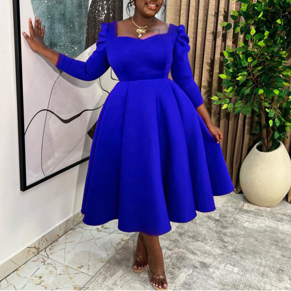 Plus Size Solid Color Square Neck Midi Dress GMLF-3354