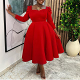 Plus Size Solid Color Square Neck Midi Dress GMLF-3354