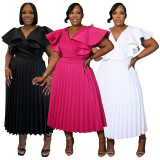 Plus Size Solid Color Ruffles Sleeve Midi Dress NNWF-8169