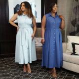 Plus Size Solid Color Sleeveless Shirt Dress NNWF-8170