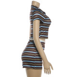 Stripe Lapel Short Sleeve Two Piece Shorts Set GZJQ-K6S09133A