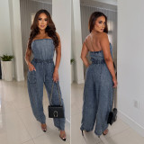Fashion Denim Wrap Chest Jumpsuit LX-8609