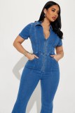 Fashion Washed Denim Zipper Jumpsuit LX-6079