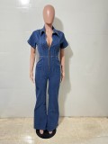 Fashion Washed Denim Zipper Jumpsuit LX-6079