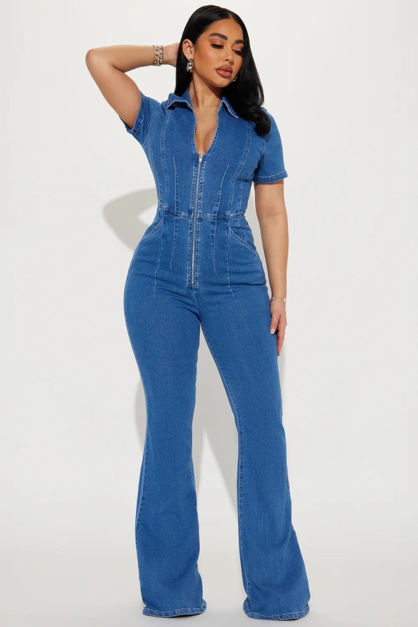 Fashion Washed Denim Zipper Jumpsuit LX-6079