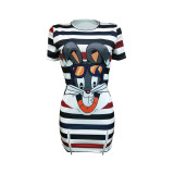 Cartoon Stripe Print Short Sleeve Mini Dress BN-9160