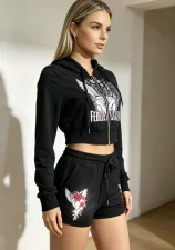 Letter Print Long Sleeve Top Two Piece Short Set GBGF-55010-3
