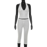 Polka Dots Print Halterneck Seventh Pants Suit GDSF-D26ST184