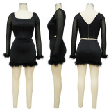 Solid Color Long Sleeve Backless Skirt Suit YF-10306